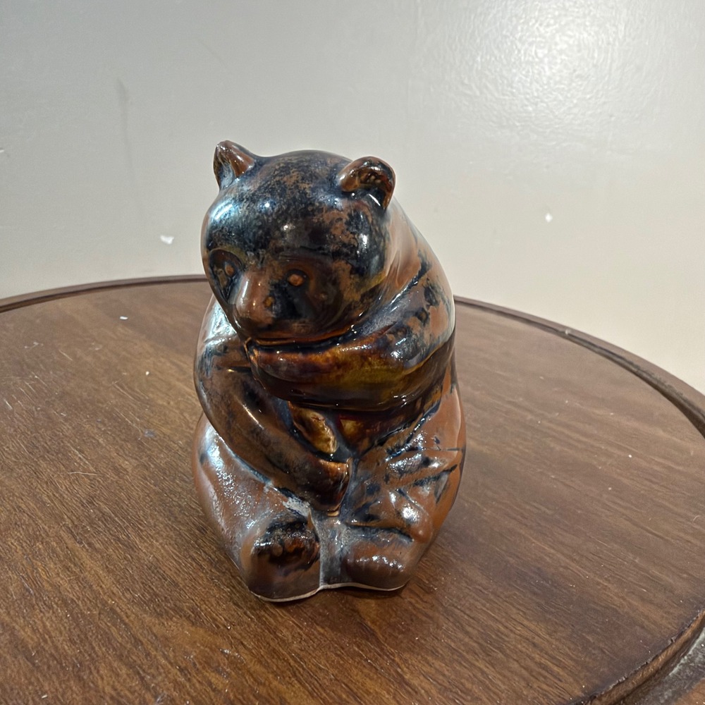 Vtg Ceramic Panda Figurine Brown Black Drip Glaze Seated Bear Eating Bamboo